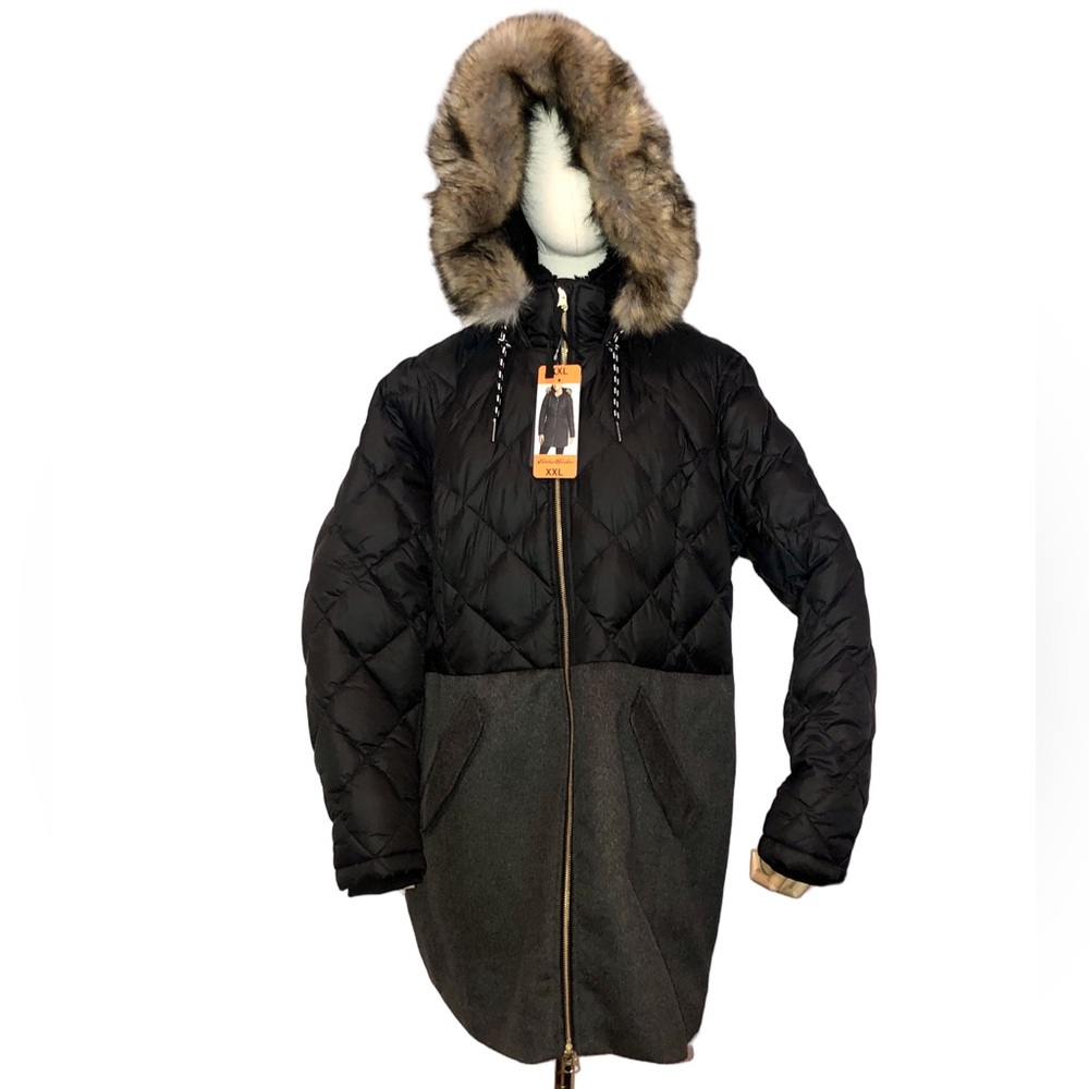 EDDIE BAUER Two-Tone Black Quilted Down Upper Grey Wool Lower Faux Fur Hood Coat